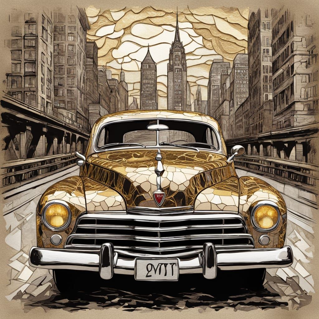 Vintage Car in Sepia-Toned Cityscape, Impasto Oil Style