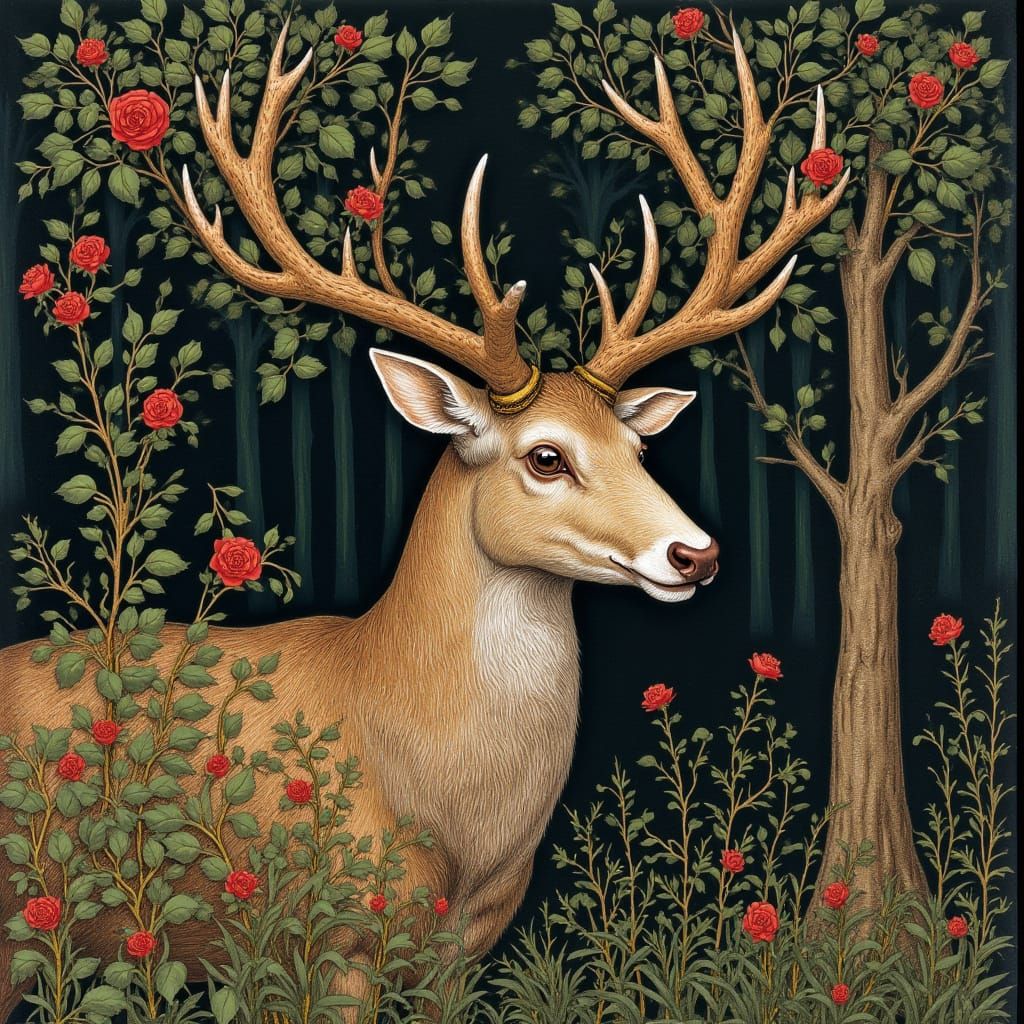 Medieval Stag Woodcut with Roses in 15th-Century Style