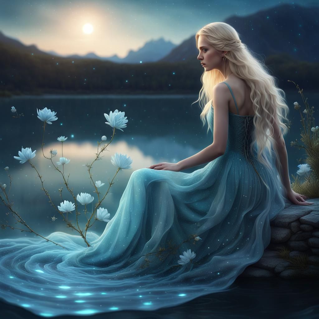 Ethereal Woman Emerging from Book with Flower Dress