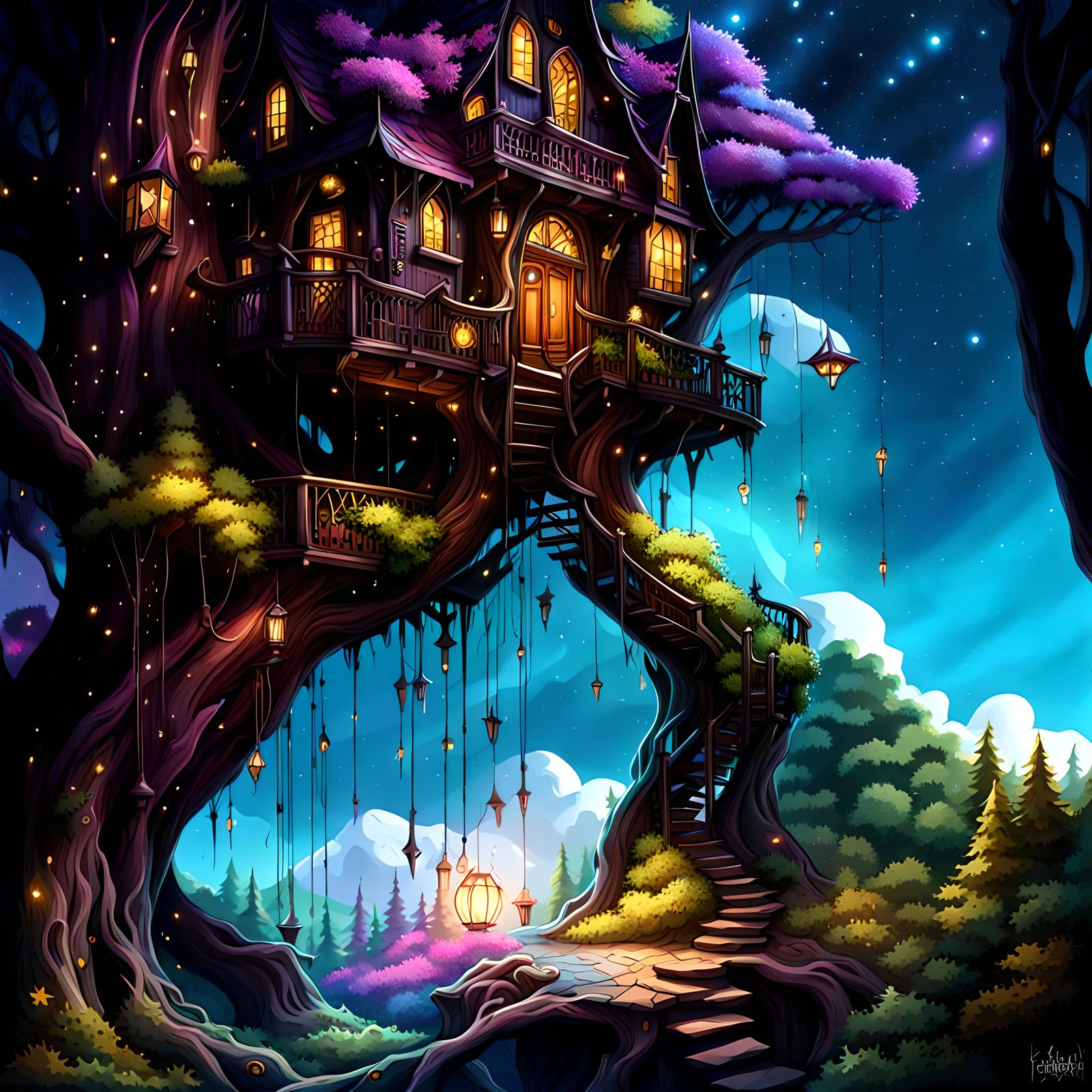 Dark faerie treehouse mansion in a fantasy forest, starry starry black background, Sharp contrast, high black point, De...