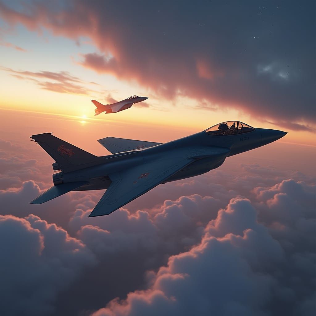 Futuristic Fighter Jet Dogfight at Sunset