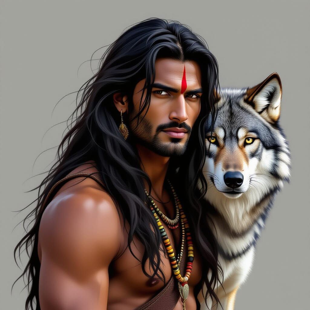 Native American Man with Wolf Companion