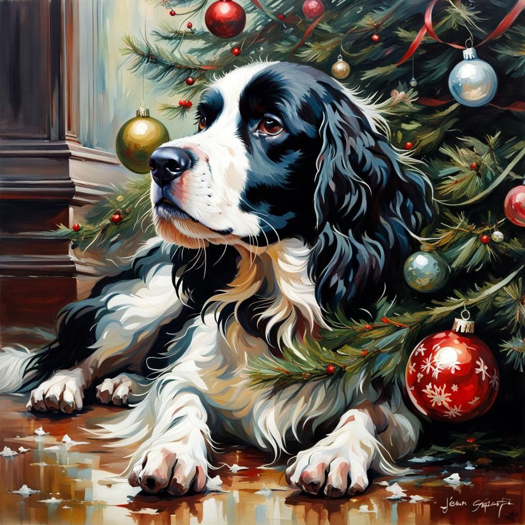 Springer Spaniel's Christmas Tree Chaos: Detailed Painting