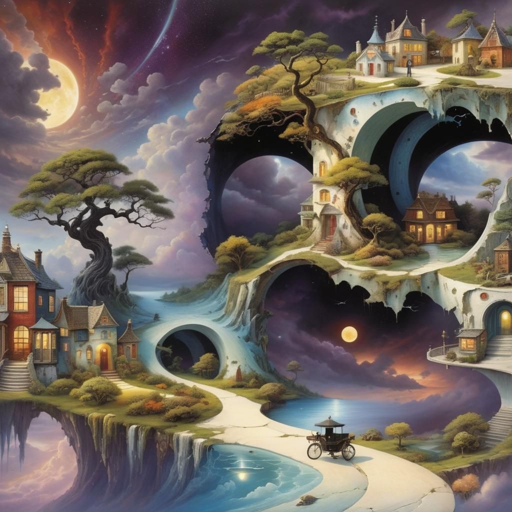 Surreal Stargate Dreamscape with Bonsai and Cottages