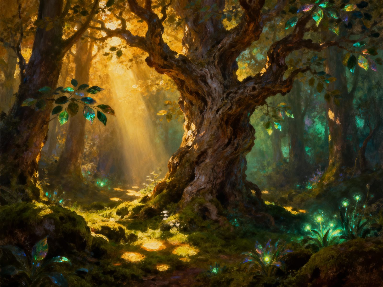 Ancient Gnarled Tree in Surreal Luminous Forest