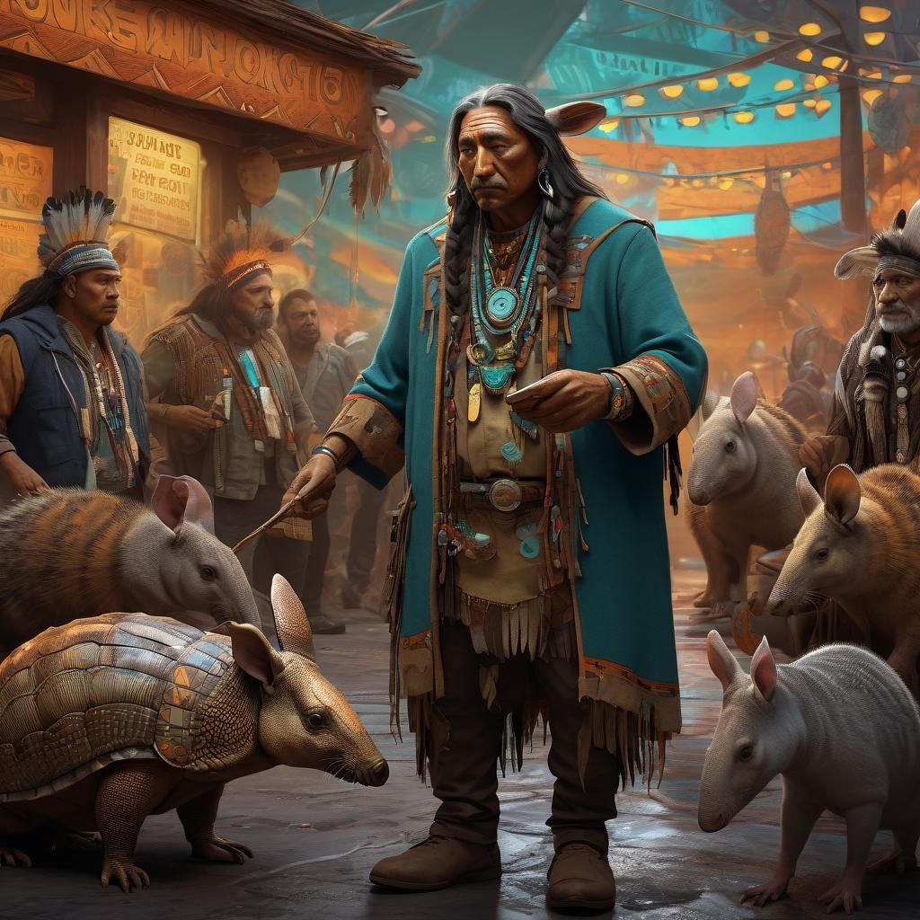 Native American Chief Selling Crypto Tickets as Art Deco