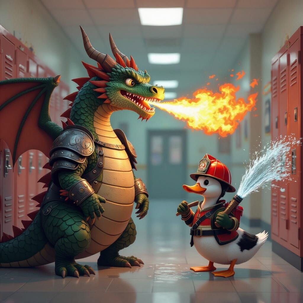 Dragon and Duck in School Hallway, Loish Style