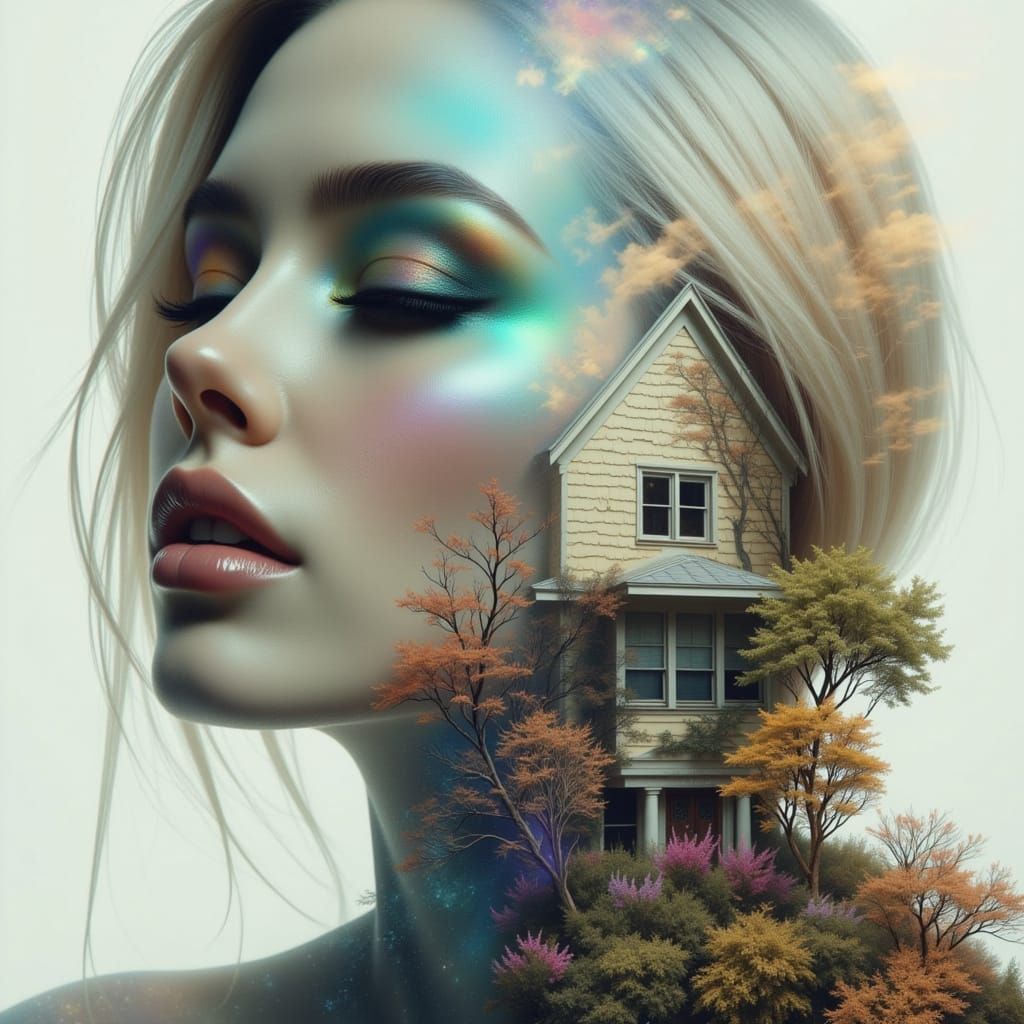 Surreal Double Exposure Portrait of a Giant Woman Merging wi...