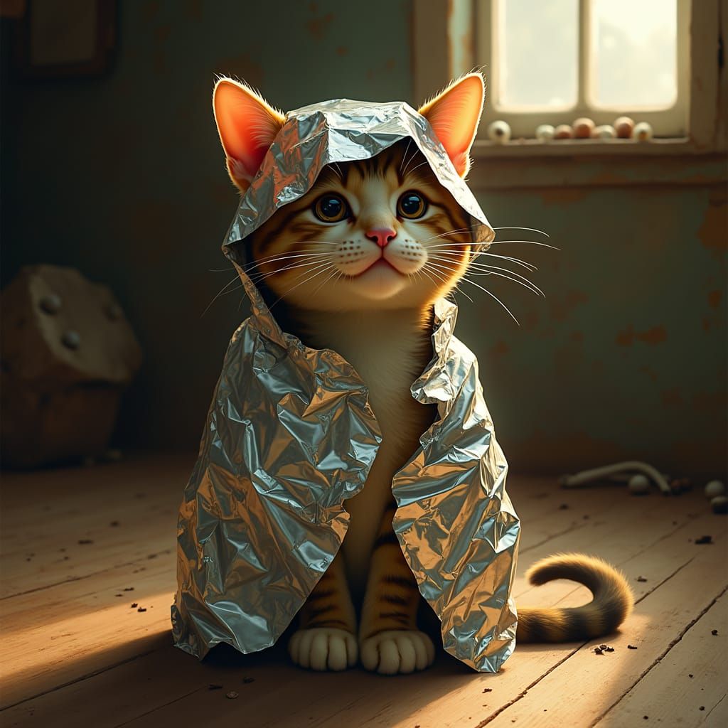 Whimsical Cat in Tinfoil Attire