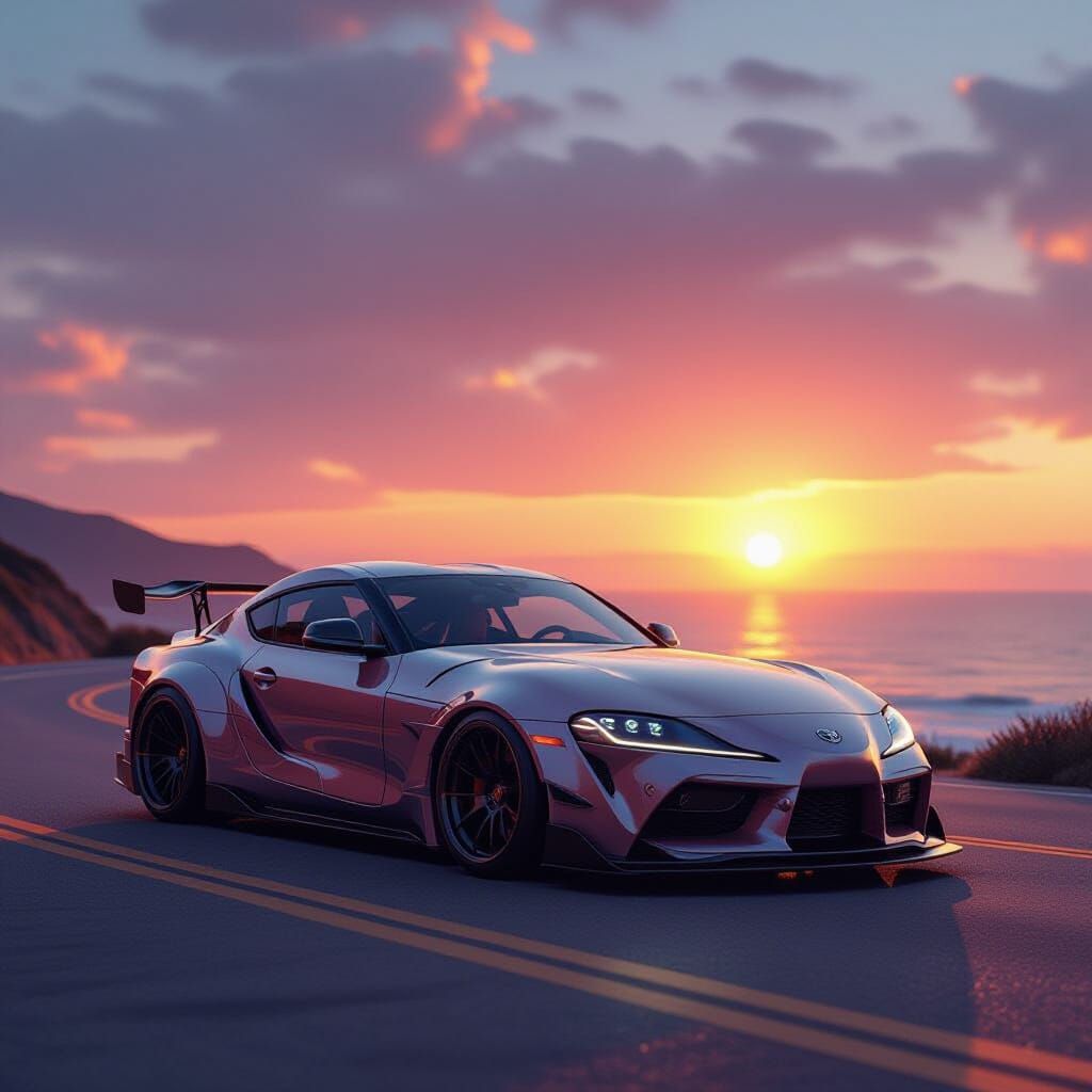 Modified Toyota Supra W12 on Coastal Road at Sunset