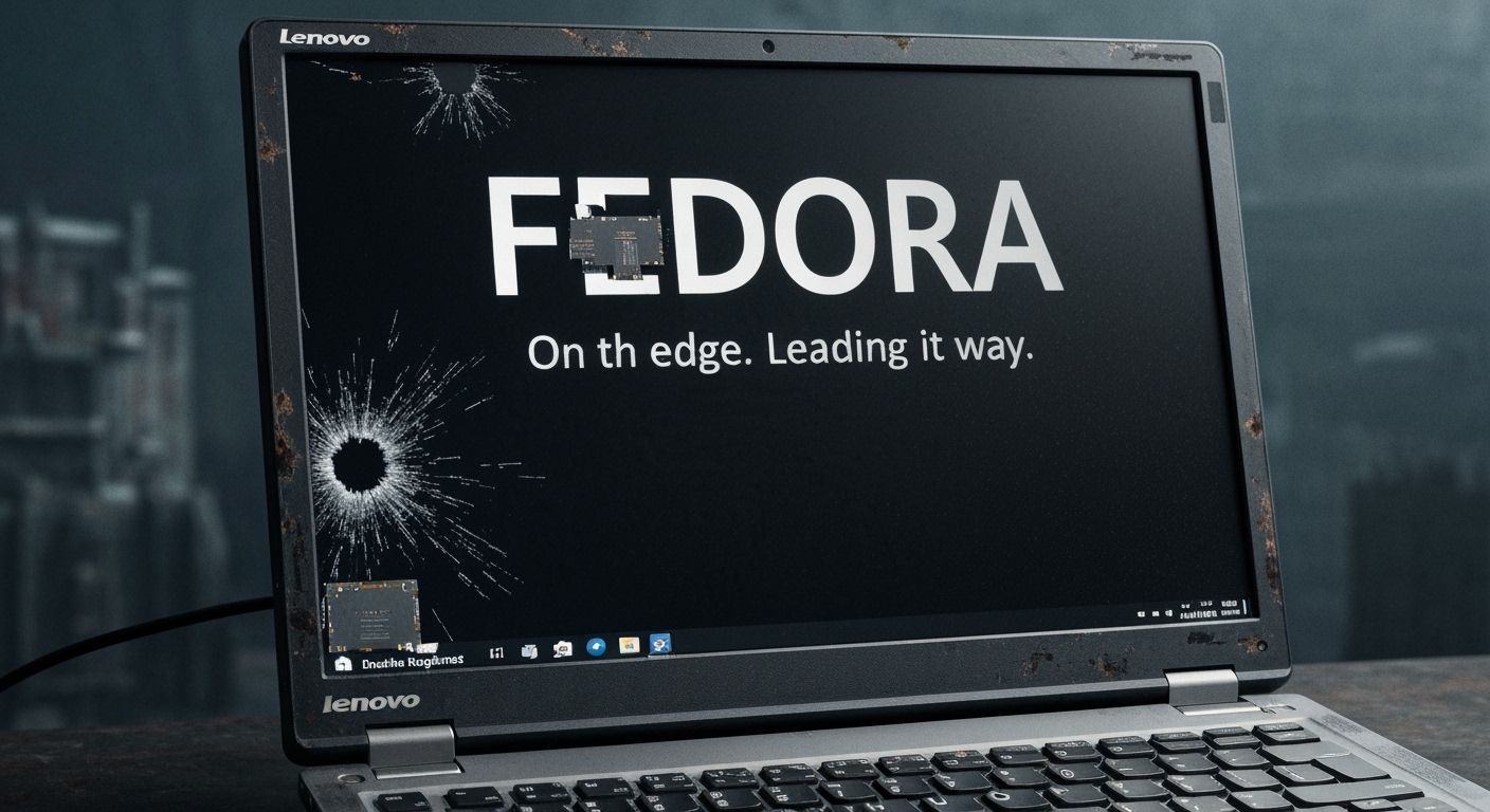 Weathered Thinkpad Displaying Fedora, Digital Matte Painting