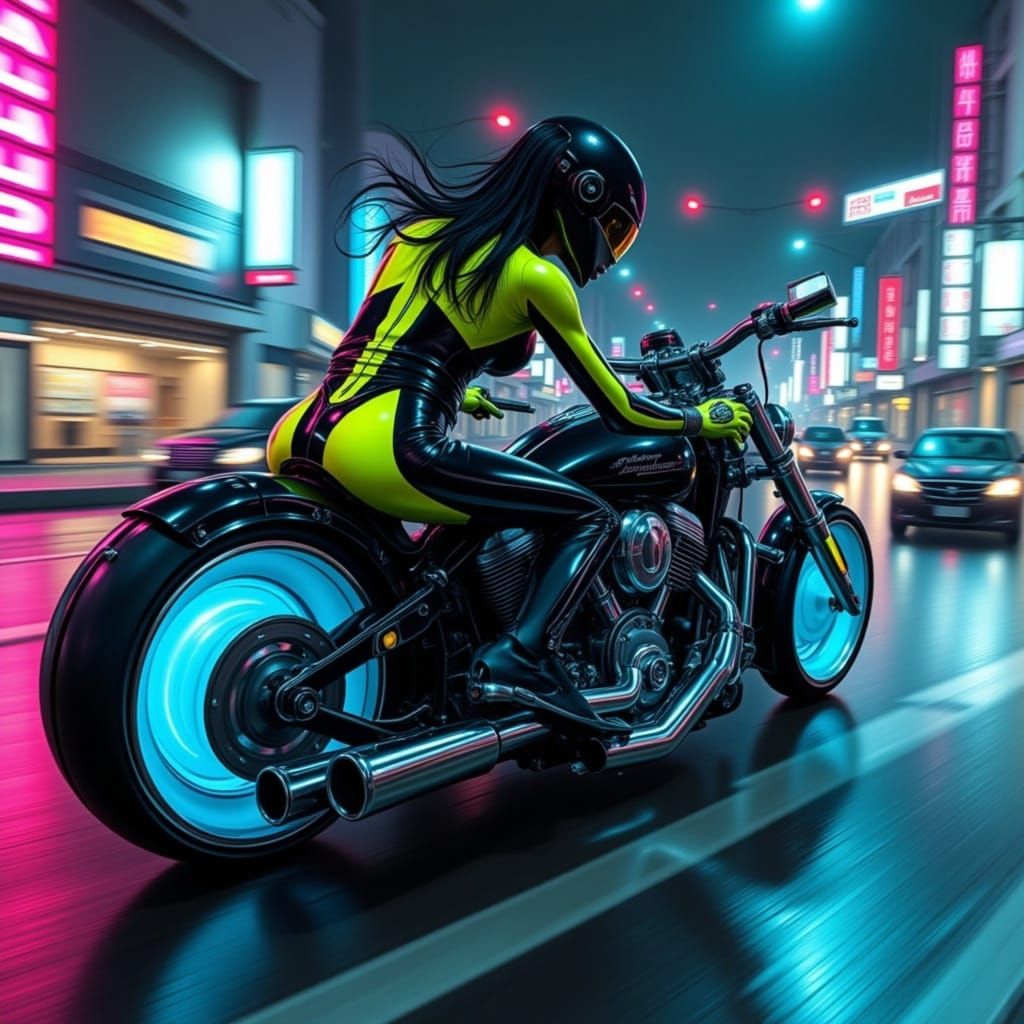 Cyberpunk Motorcyclist Speeds Down a Neon-Lit Highway