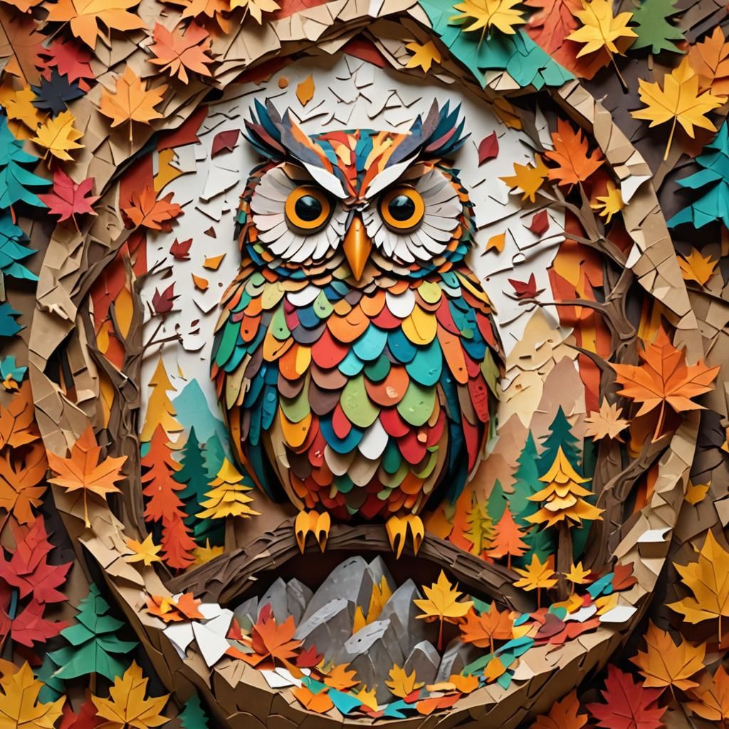 Vibrant 3D Owl Collage in Autumn Forest