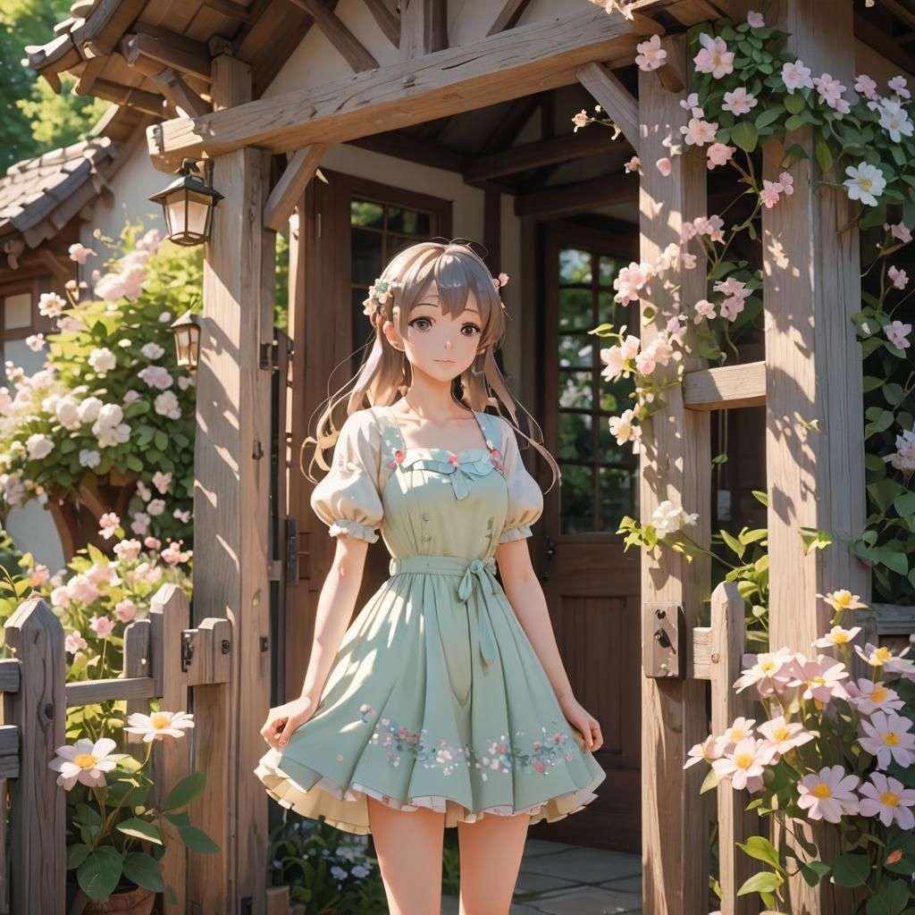 Anime Girl at Cozy Cottage in 3D Art Style