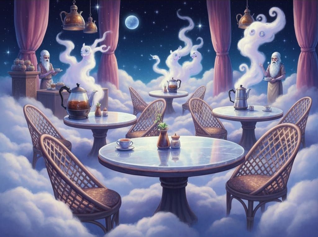 Whimsical Cloud Cafe with Mythical Steam Creatures