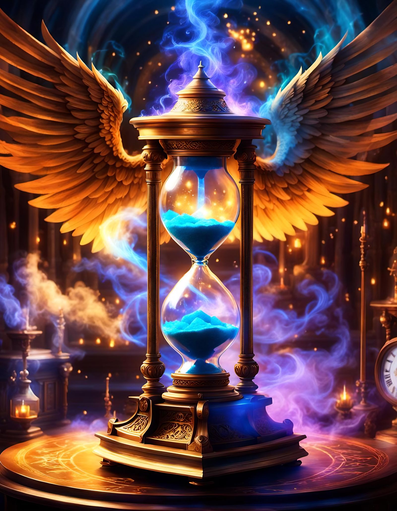 Flying Alchemic Hourglass: A Magical Gathering Illustration