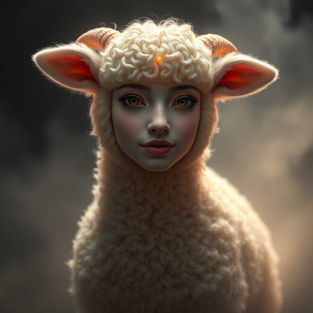Ethereal Lamb-Woman in Dreamlike Landscape