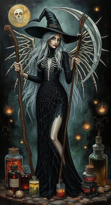 Ethereal Witch with Scythe in Airbrushed Acrylic Style