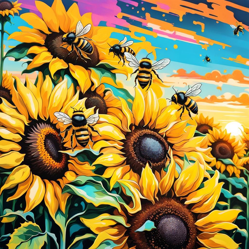 Bees on Sunflowers Graffiti Art at Sunset