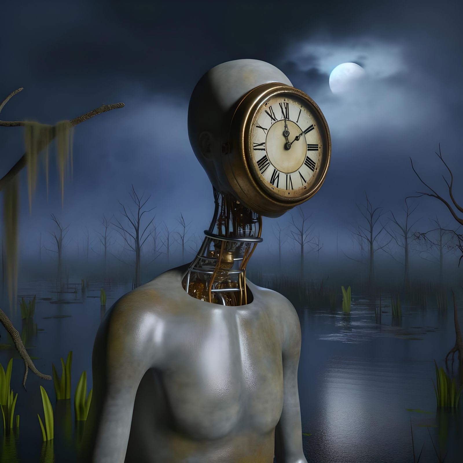 Clockwork Entity in Gloomy Wetland Landscape