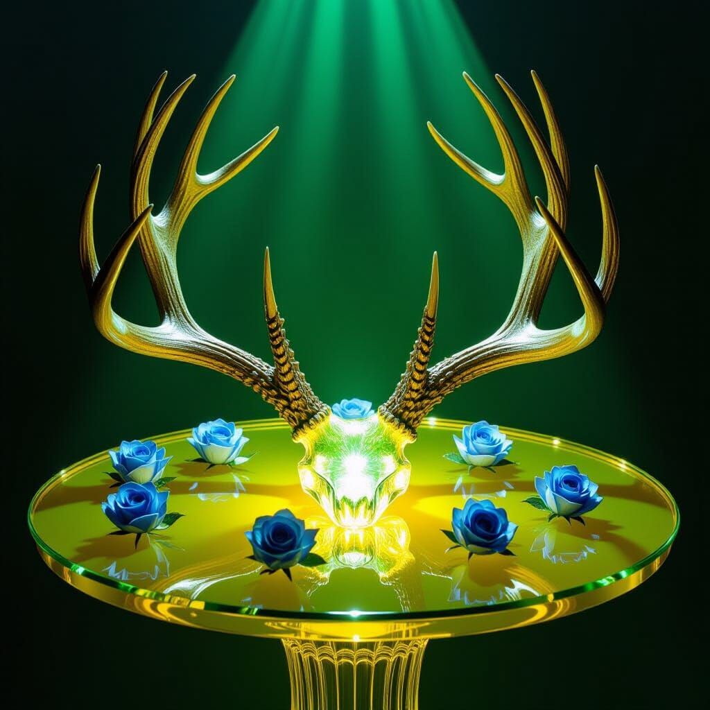 Majestic Antlers Glow Emerald on Yellow Table with Blue Rose...