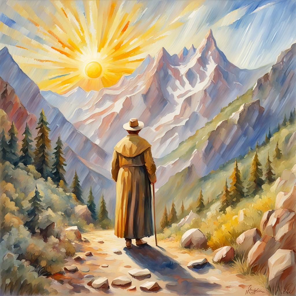 Catholic Pilgrim on Holy Mountain in Gouache Style