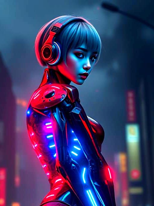 Cyberpunk Mecha Girl in Burning City