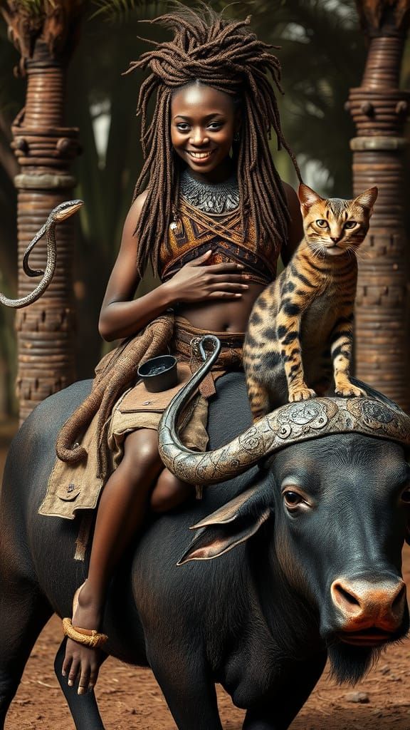 Woman Riding Buffalo with Surreal Companions in Brutalist St...