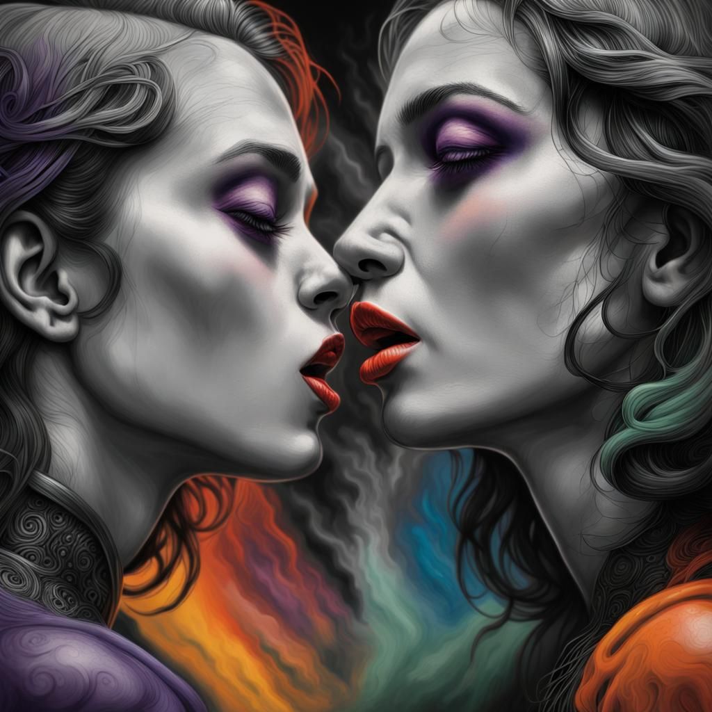 Dramatic Kiss in Dystopian City: German Expressionist Charco...