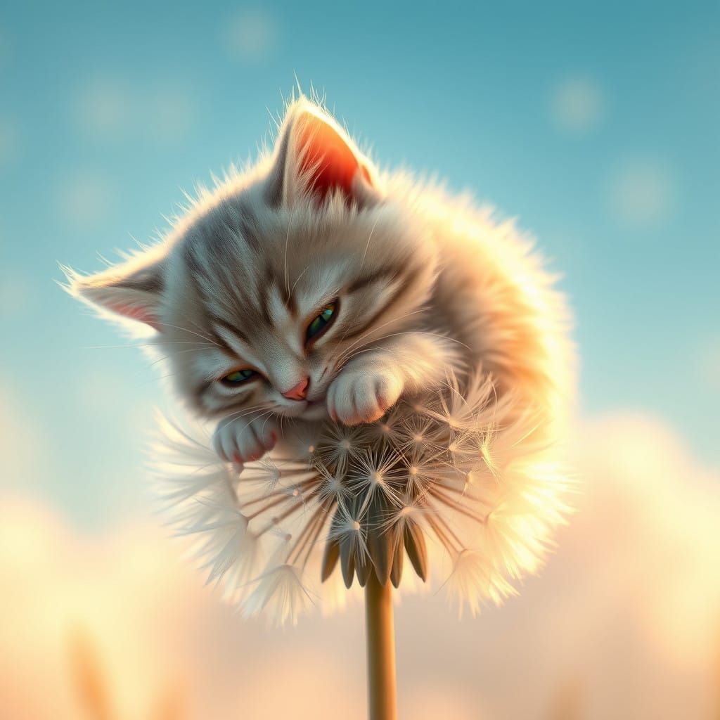 Whimsical Cat Amidst Dandelion Bloom in Ethereal Light