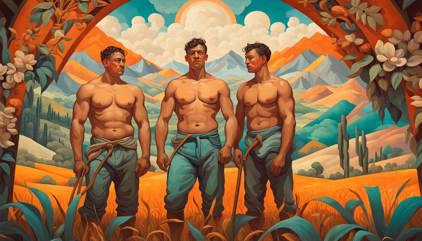 Mexican Mural Art: Shirtless Workers in a Field