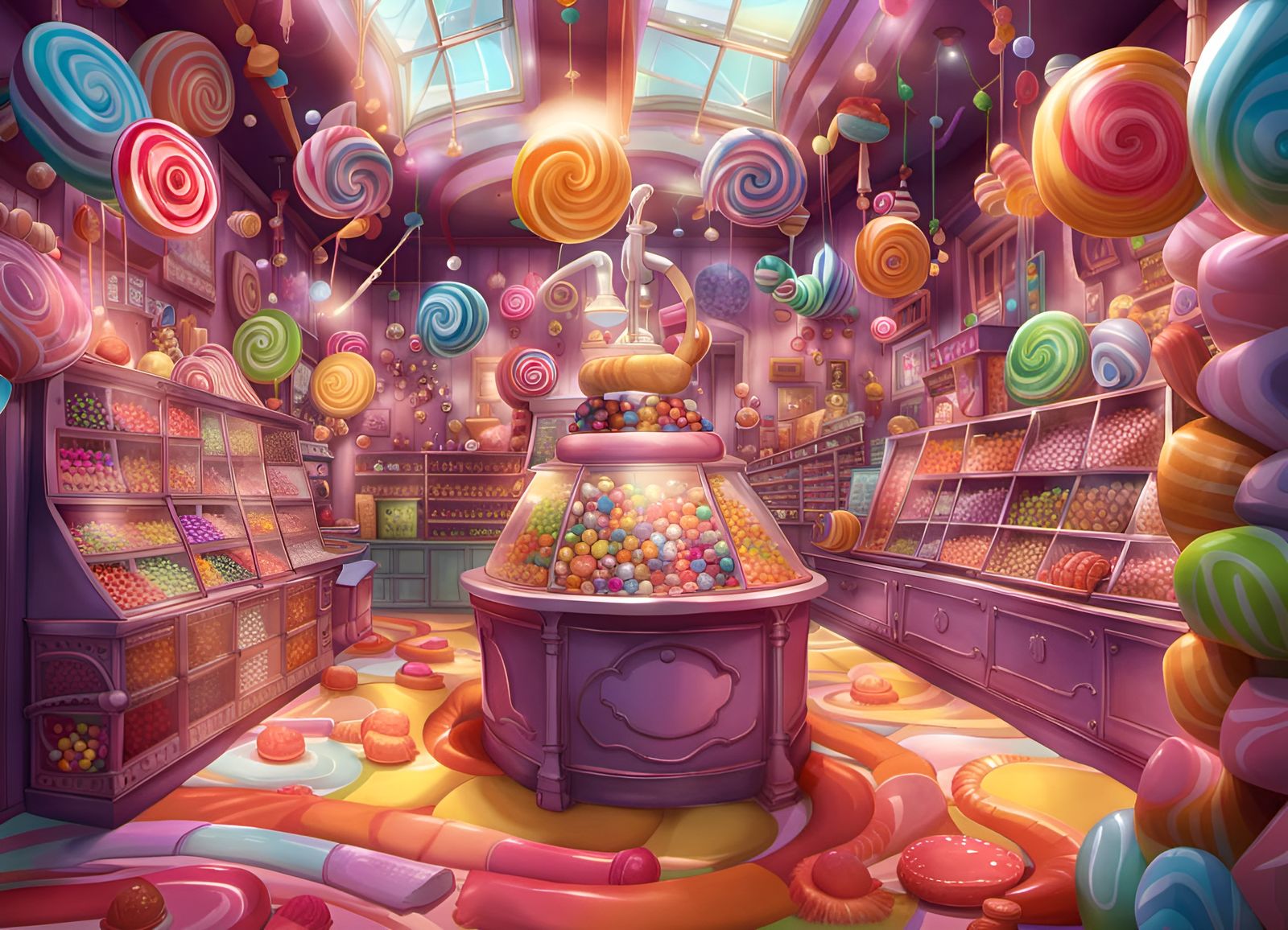 Candy art style! Whimsical Willy Wonka Candy Shop, fantastic...