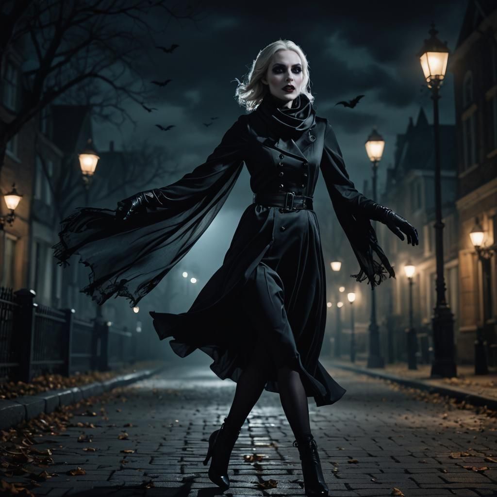 Goth Vampire Woman Flying at Night: Hyperrealistic Photo