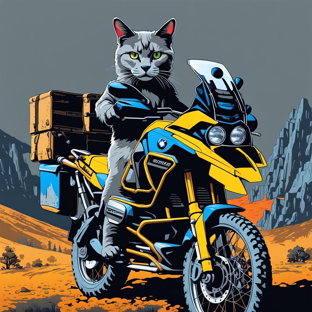 Korat Cat Anti-Hero Rides Motorcycle in Wasteland