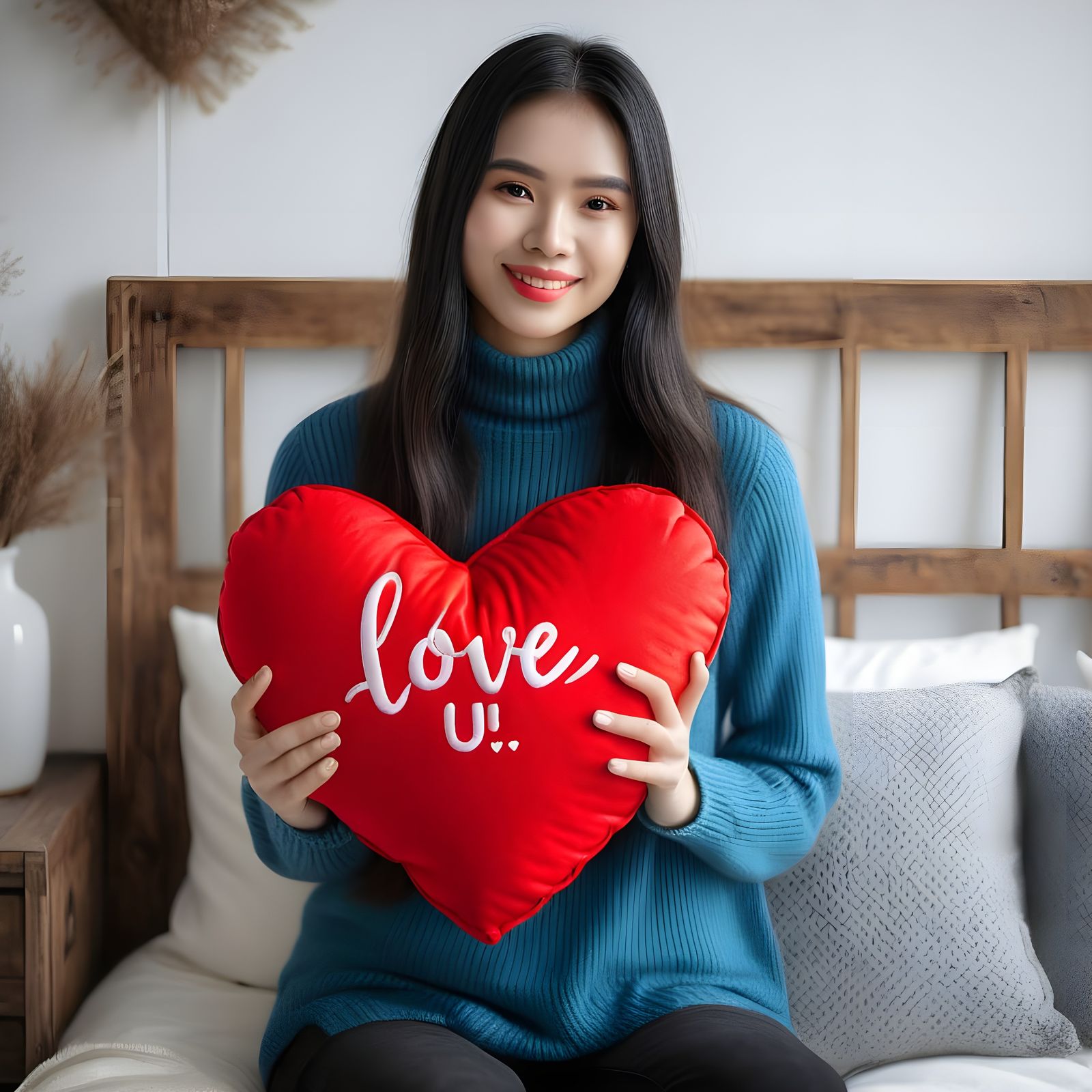 Romantic Young Woman Holding Heart Pillow