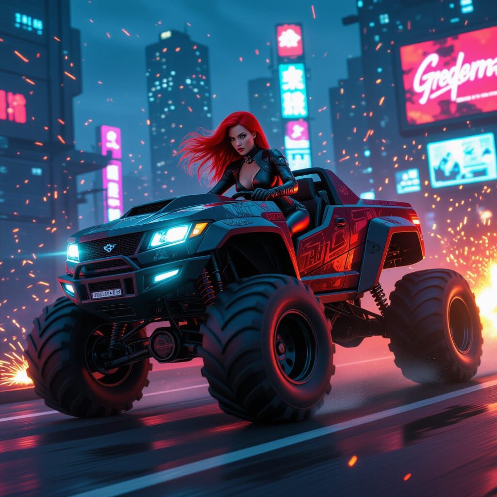 Cyberpunk Driver in Armored Monster Truck