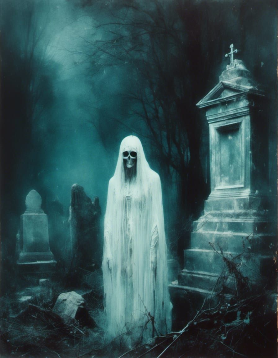 Eerie Double Exposure: Ghosts in Graveyard in Acrylic Painti...