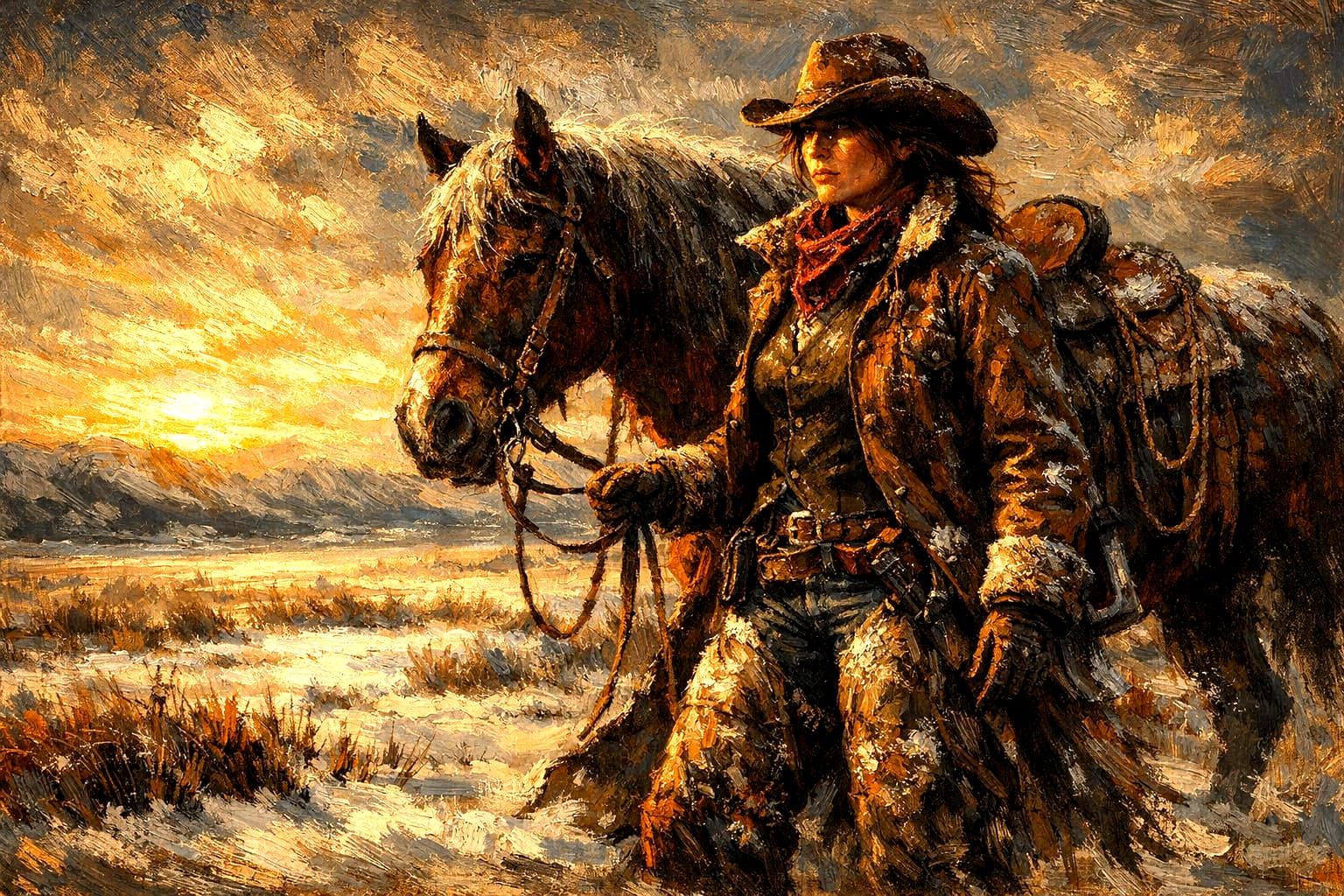 A determined cowgirl walking her horse in snow covered badlands.
