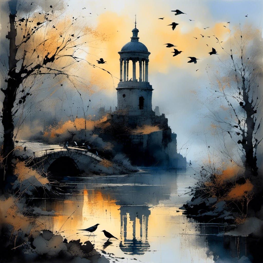 Birds in Flight at Dusk: Intricate Watercolor Painting