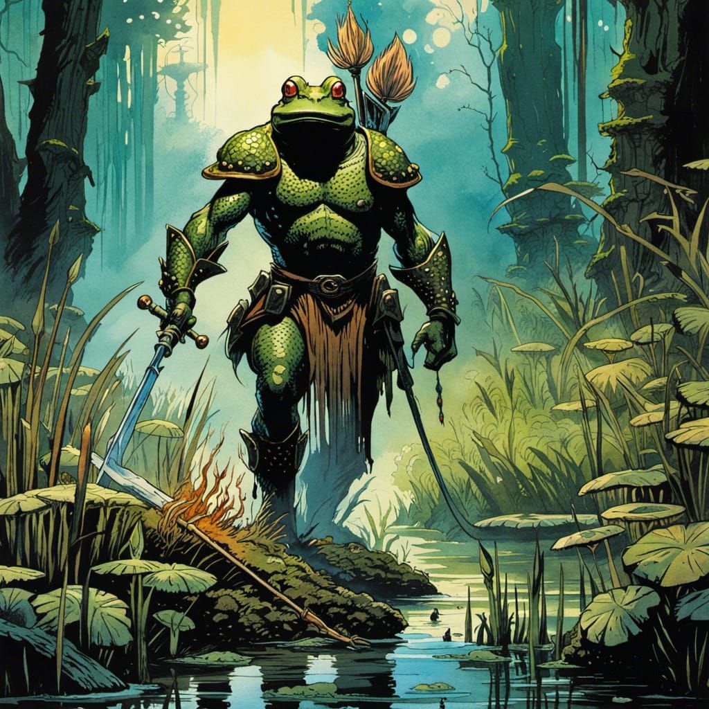 Frog Warrior in Swamp: Watercolor Comic Art