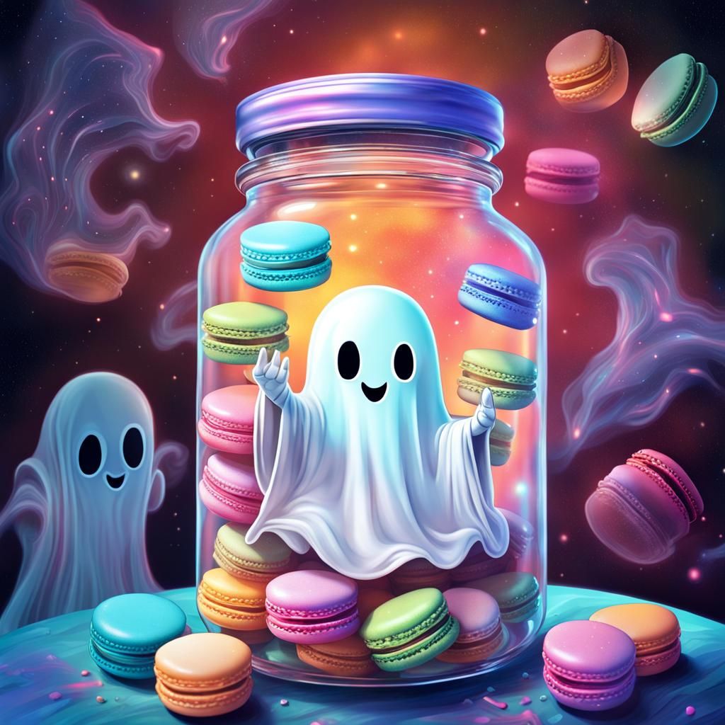 Cute Ghost Eating Macarons in Astral Jar
