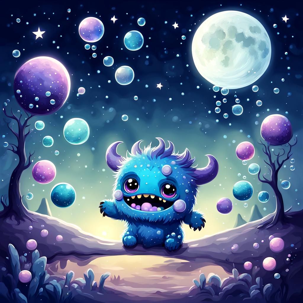 Cute Monster with Bubbles under Starry Night