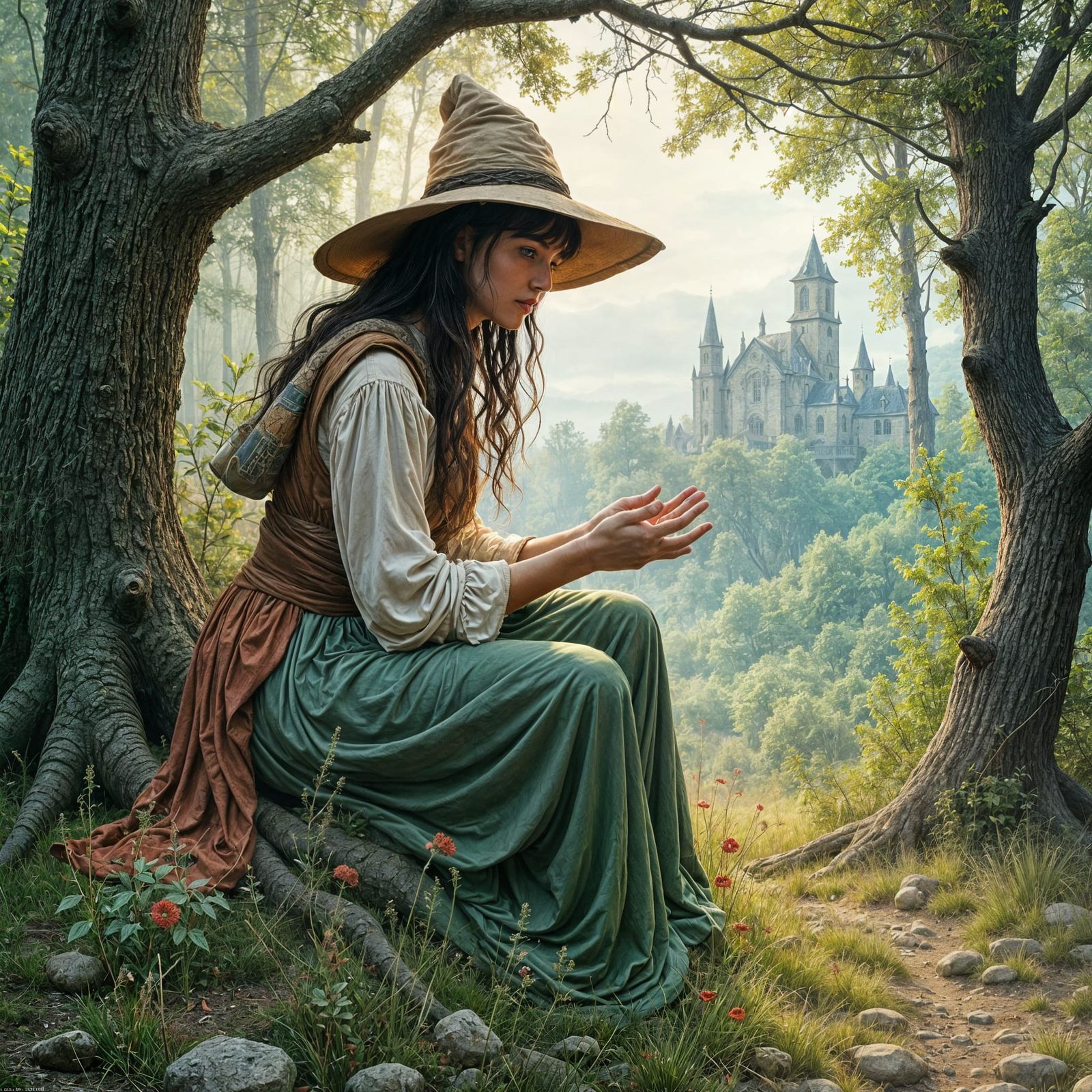 Fairytale Witch Gathering Herbs: Detailed Illustration