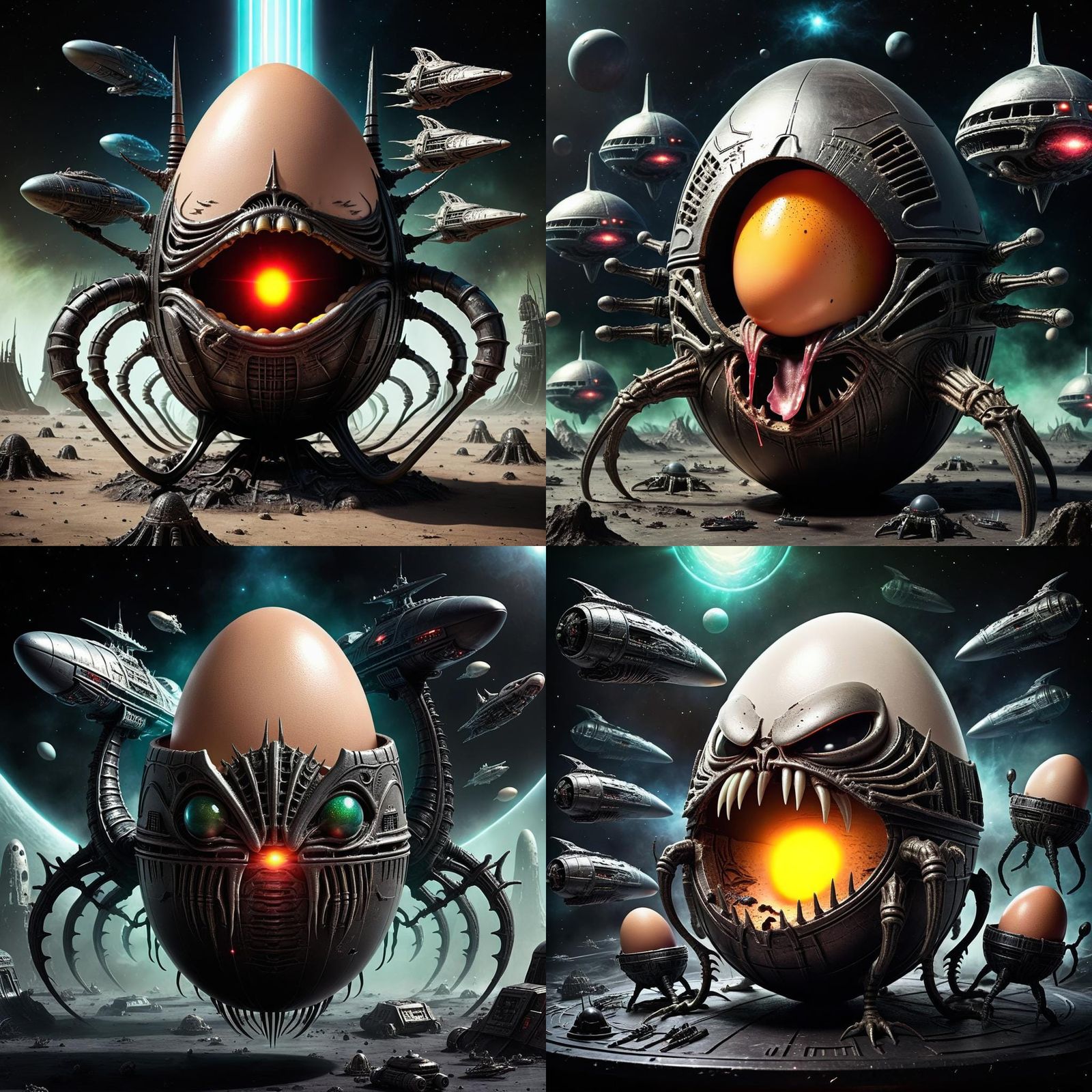 Biomechanical Egg in Laser Battle, Surrealist Style
