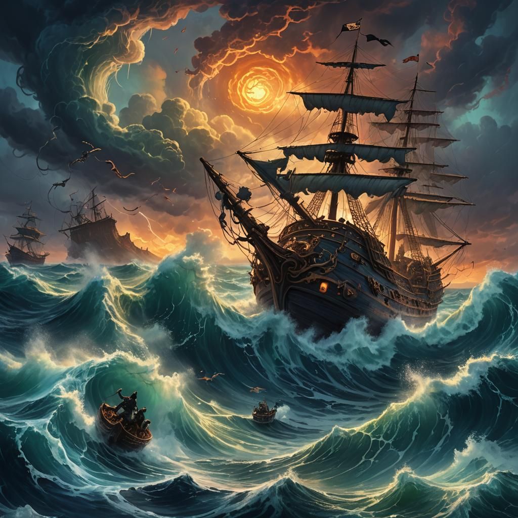 Kraken Attack on Pirate Ship: Fantasy Art