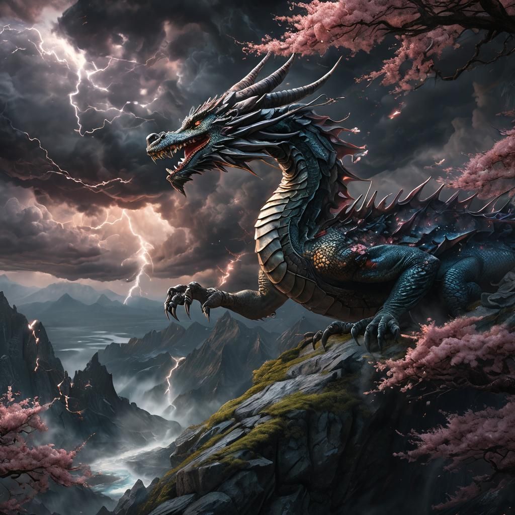 Dragon and Sakura Floating Above the Abyss