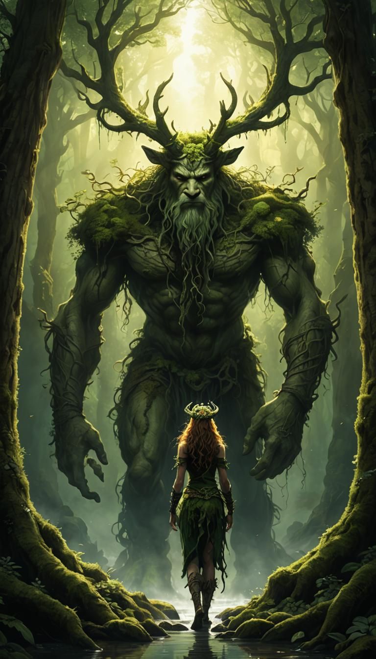 Colossal Cernunnos Towers Over Celtic Maiden in Forest