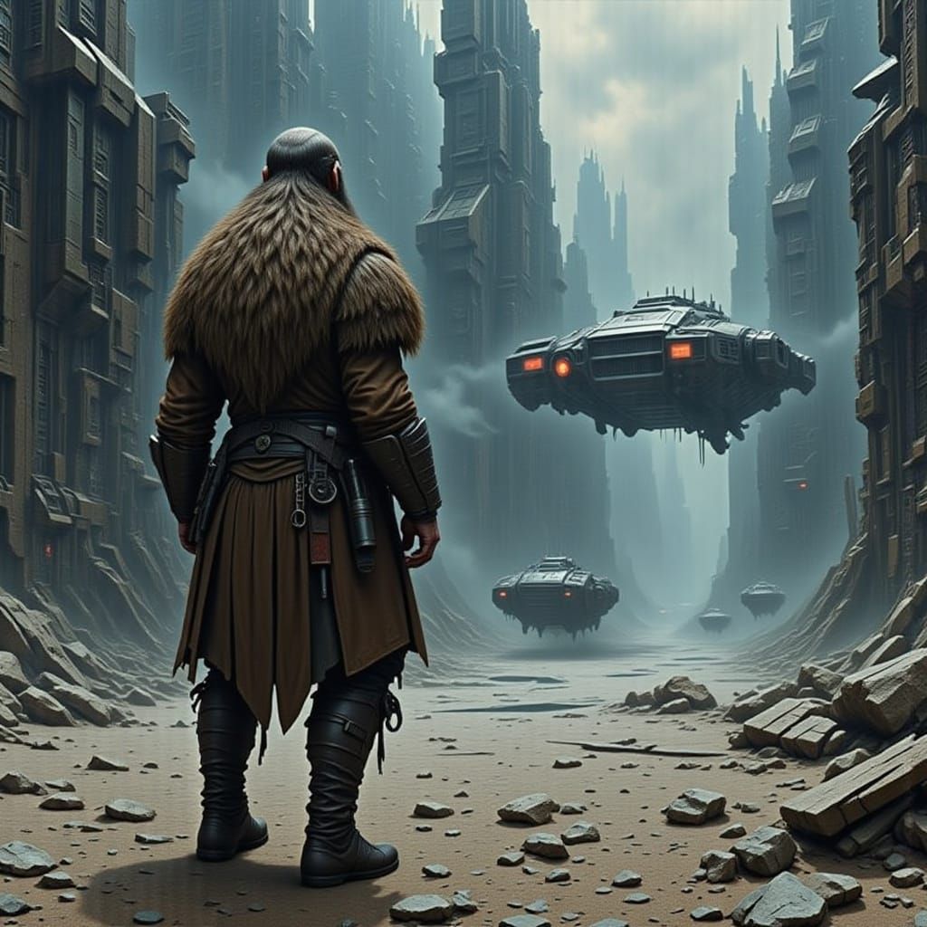 Viking Warrior Stands Beside Futuristic Spaceship