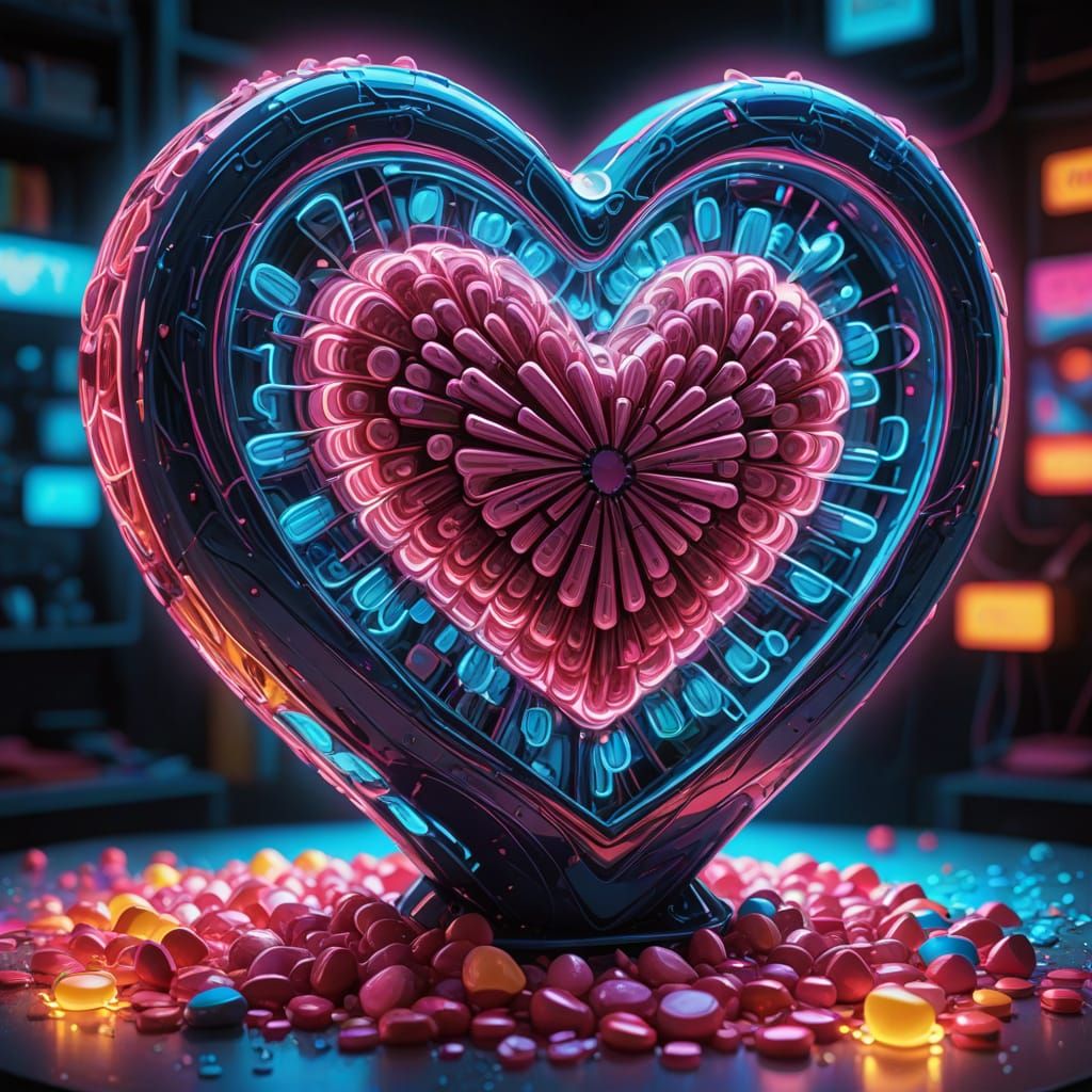 Bold Comic Book Art of a Glowing Candy Heart Sculpture