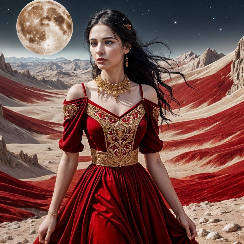 Gothic Woman in Red Gown Against Moonscape